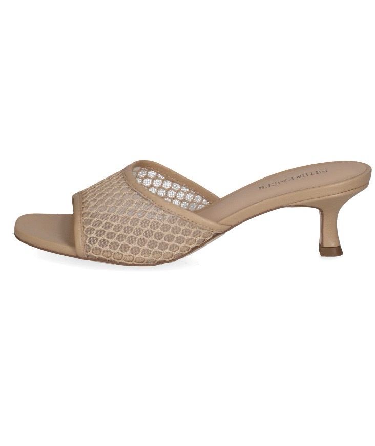 Peter Kaiser/ Caprice Sand Comb Premium Leather Open Toe Slip On Sandals With Kitten Heels