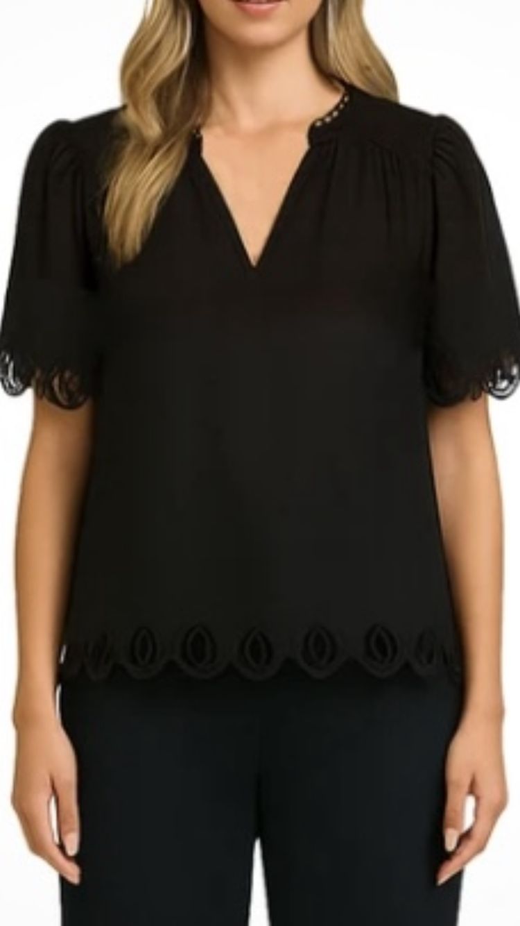 ORLY 261277 Black Bell sleeve Black Top With Embroidered Edging