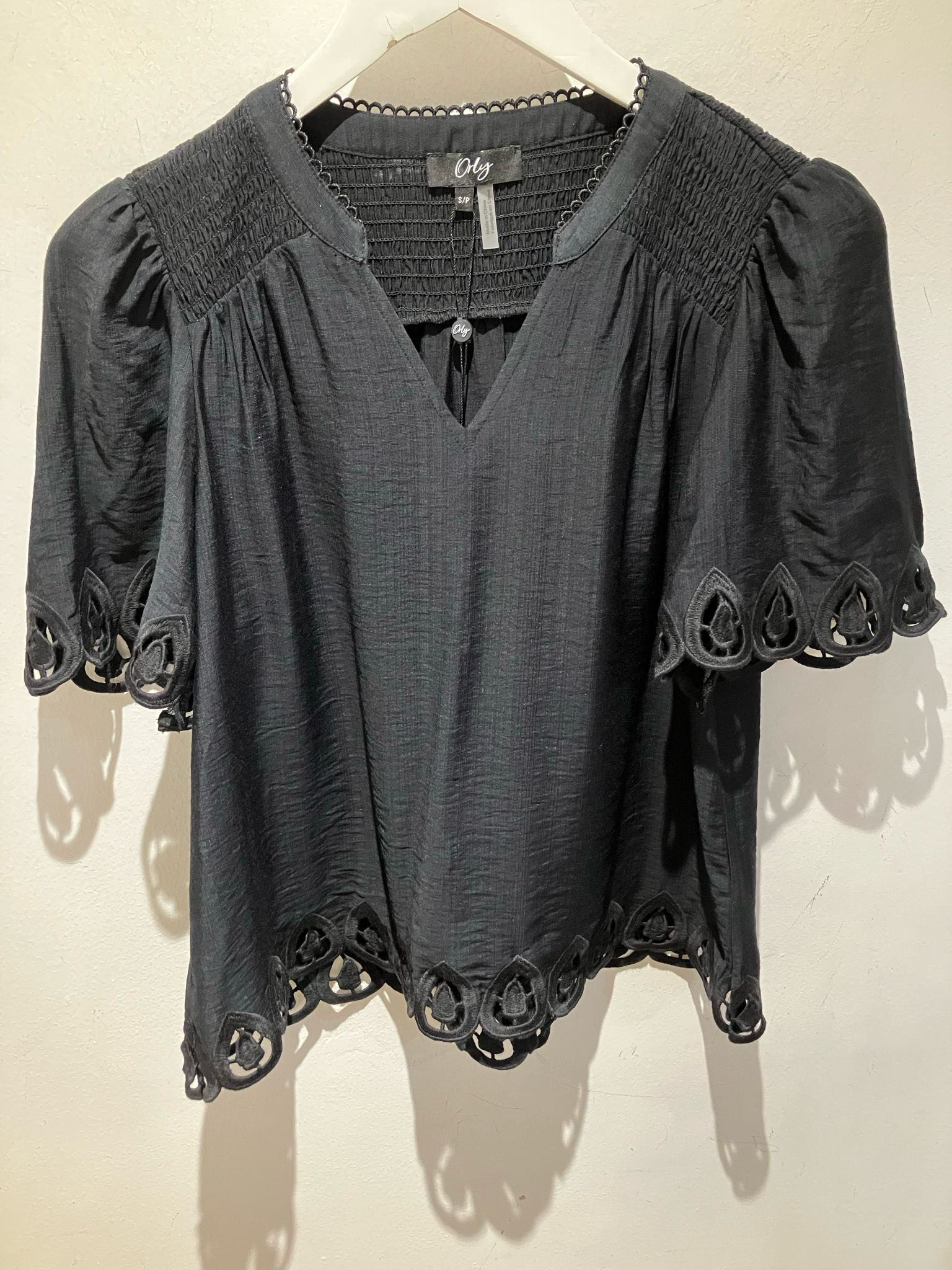 ORLY 261277 Black Bell sleeve Black Top With Embroidered Edging