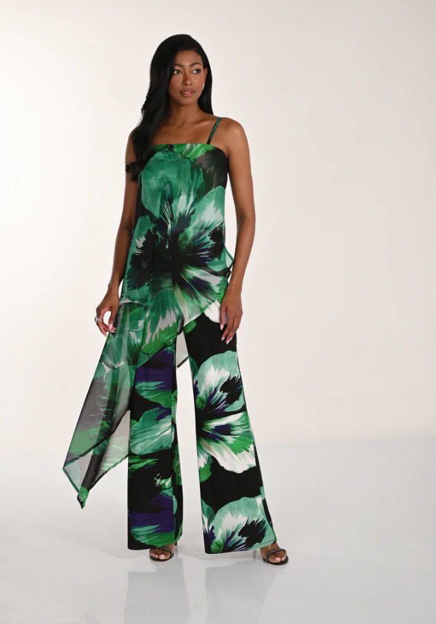 FRANK LYMAN JUMPSUIT ~ 268268 Jade Green/Black- Stretch Jersey And Chiffon