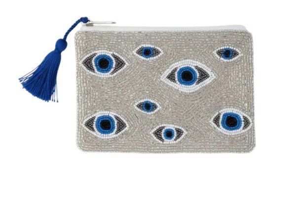 Elie Beaumont ~ SERENDIPITY BEADED POUCH - SILVER EVIL EYE (large)