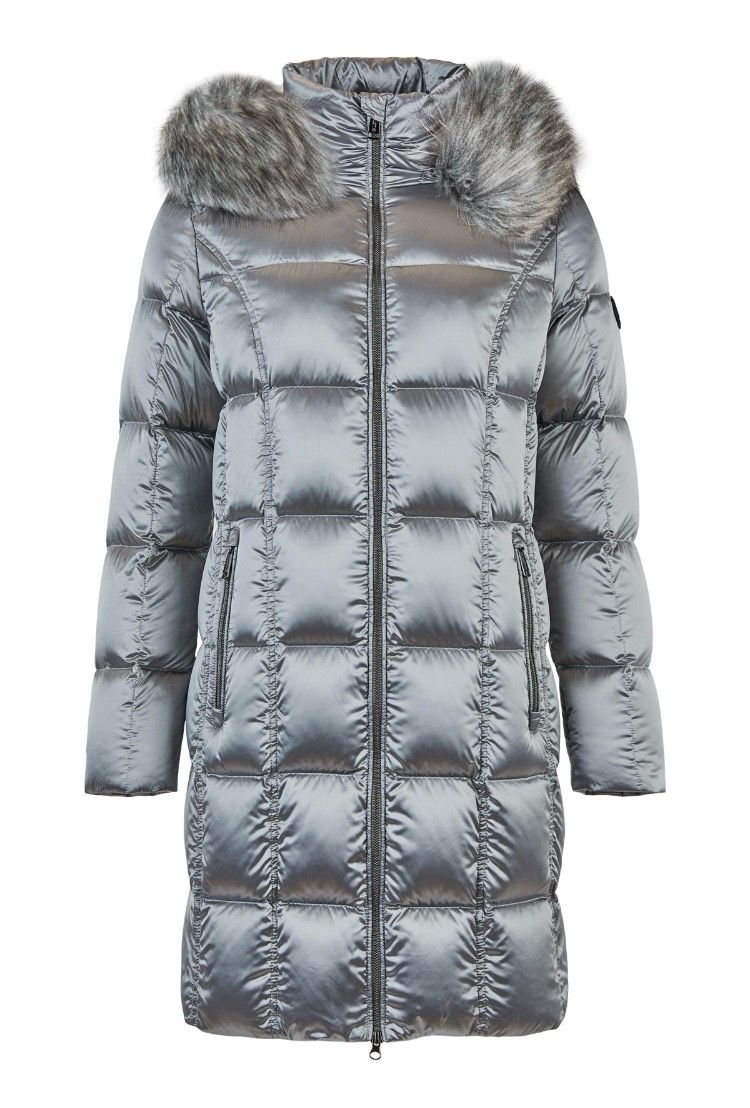 Frandsen Midi Length Hooded Silver Grey Padded Coat With Detachable Faux Fur Around Good