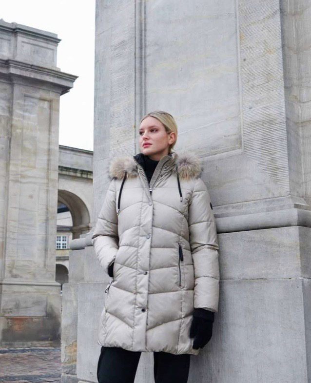 Frandsen Midi Length Hooded Silver Grey Padded Coat With Detachable Faux Fur Around Good