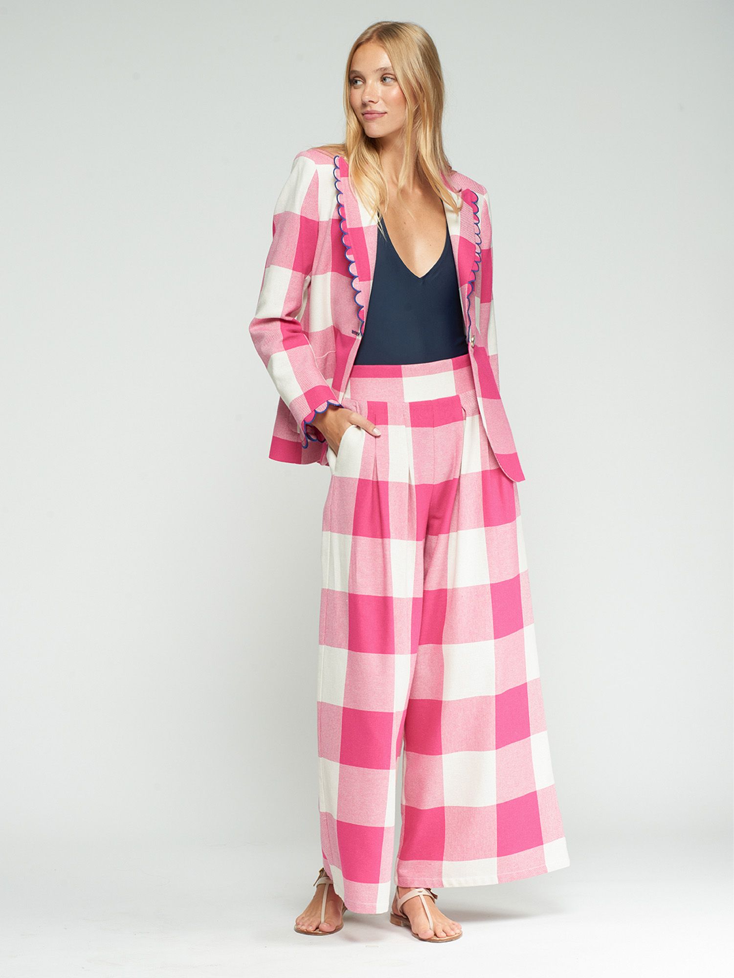 VILAGALLO PINK GINGHAM CHECK JACKET WITH RIBBED TRIM 33211
