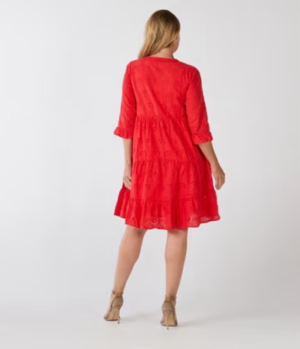 Orientique Broaderie Essentials Dress Frill Hem and Sleeves Red 40239