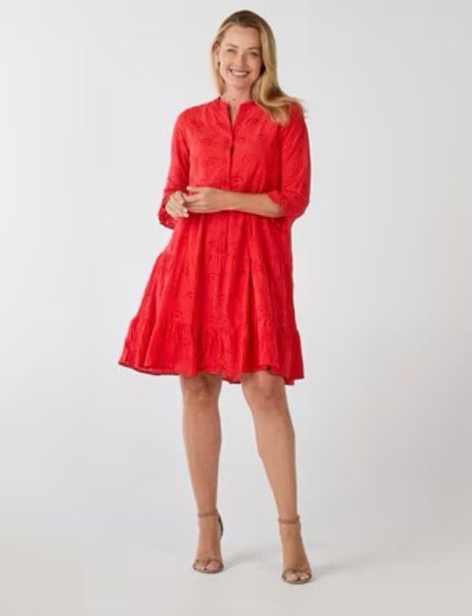 Orientique Broaderie Essentials Dress Frill Hem and Sleeves Red 40239