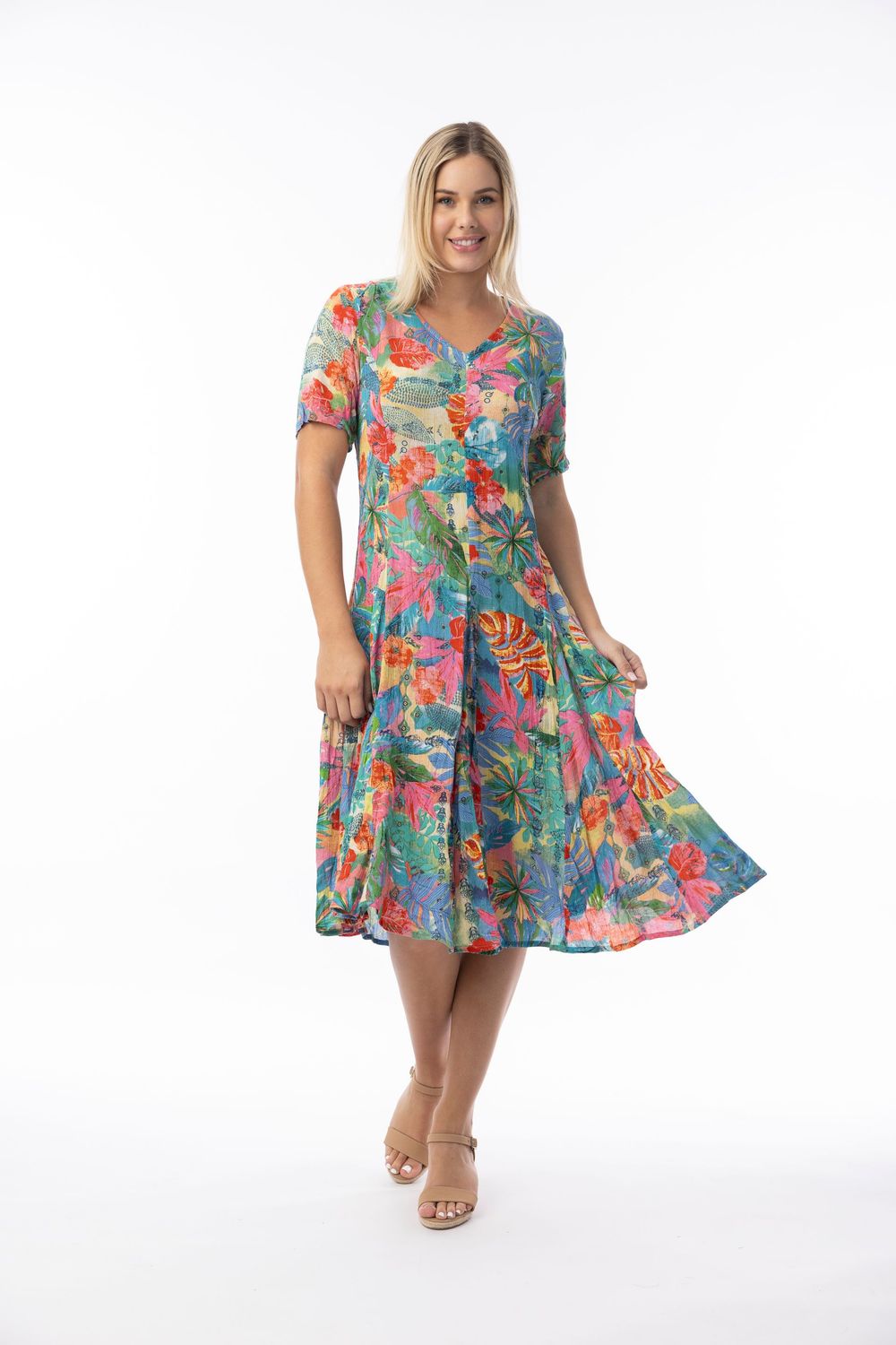 Orientique Malvinas Dress Godet Short Sleeve Print 30175 Orientique Malvinas Dress Godet Short Sleeve Print 30175