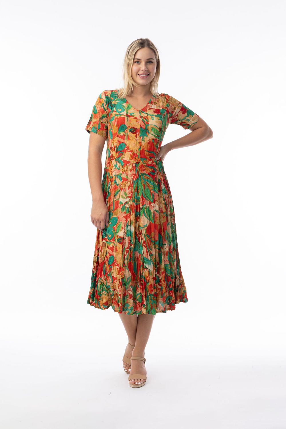 Orientique San Paulo Dress Godet Short Sleeve Print 30216 Orientique San Paulo Dress Godet Short Sleeve Print 30216