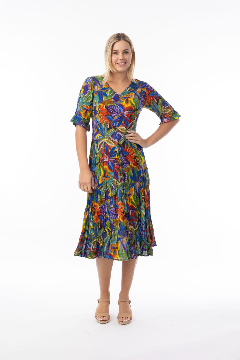 Orientique Zapallar Dress Godet Short Sleeve Print 81360 Orientique Zapallar Dress Godet Short Sleeve Print 81360