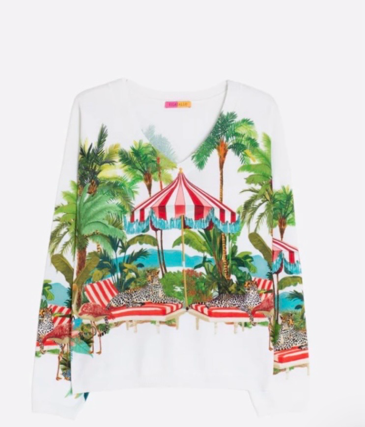 Vilagallo DOLCE FAR NIENTE PRINTED SWEATER (with leopard’s And Parasols Print)