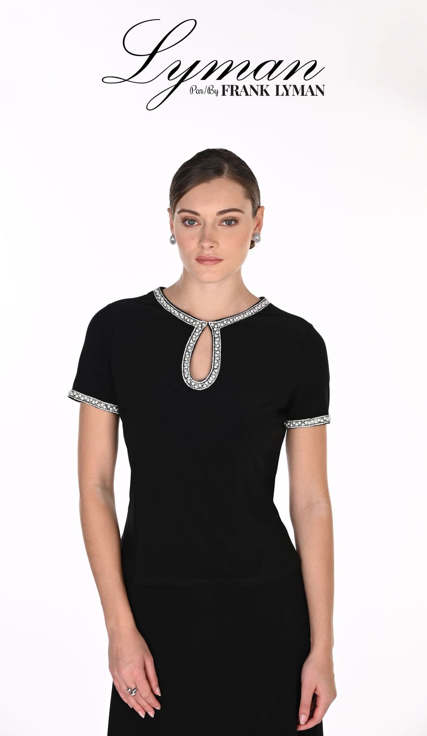 Frank Lyman Stunning Black Knit Top 269008- Jersey Stretch With Diamanté And Pearl Embellished Peep Hole