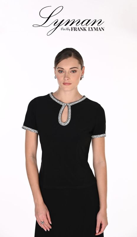 Frank Lyman Stunning Black Knit Top 269008- Jersey Stretch With Diamanté And Pearl Embellished Peep Hole Frank Lyman Stunning Black Knit Top 269008- Jersey Stretch With Diamanté And Pearl Embellished Peep Hole
