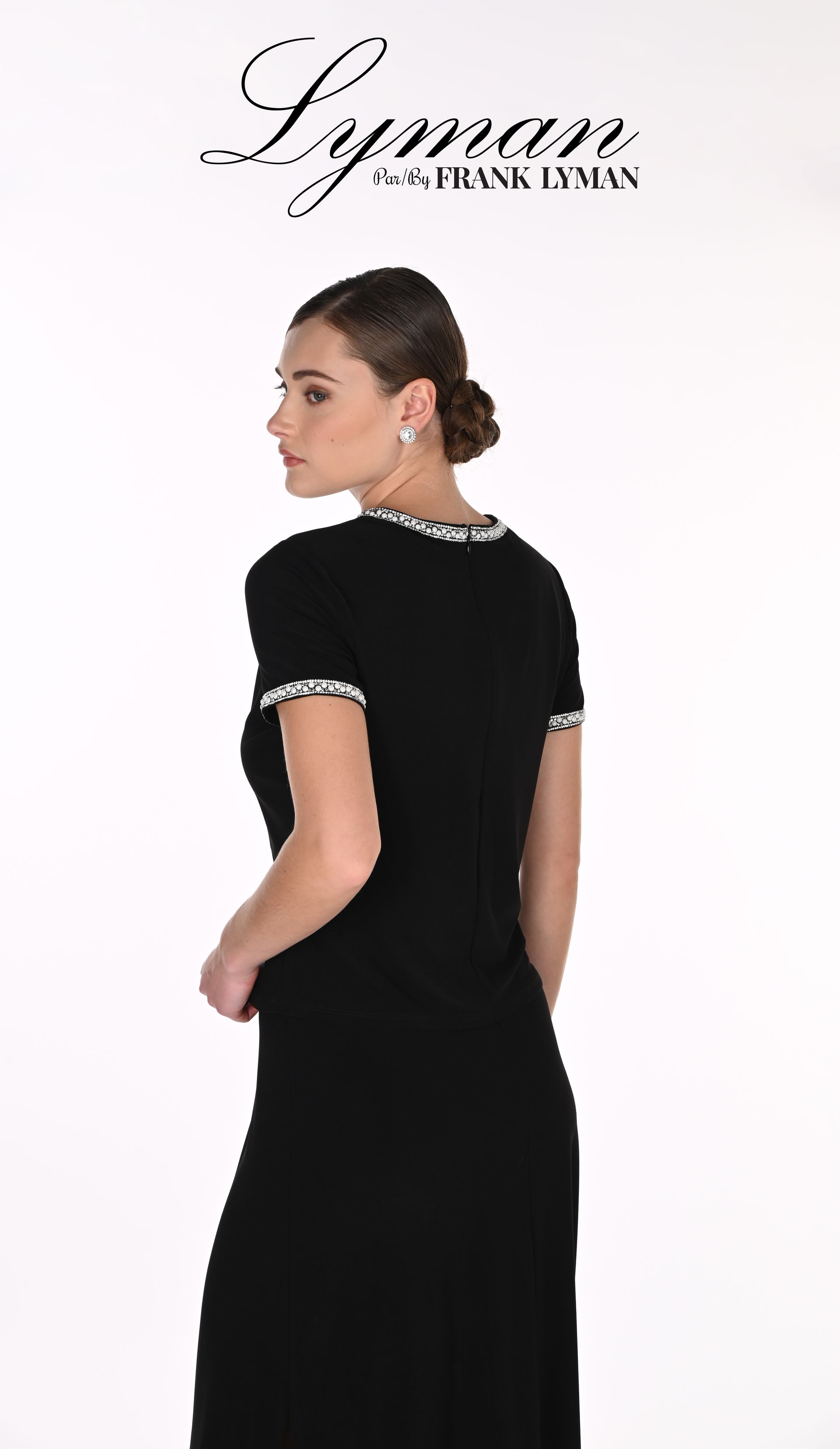 Frank Lyman Stunning Black Knit Top 269008- Jersey Stretch With Diamanté And Pearl Embellished Peep Hole