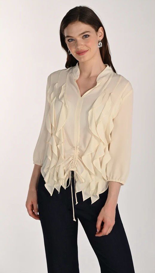 Frank Lyman Frill Blouse With Adjustable Ruching In Custard - 261253 Frank Lyman Frill Blouse With Adjustable Ruching In Custard - 261253
