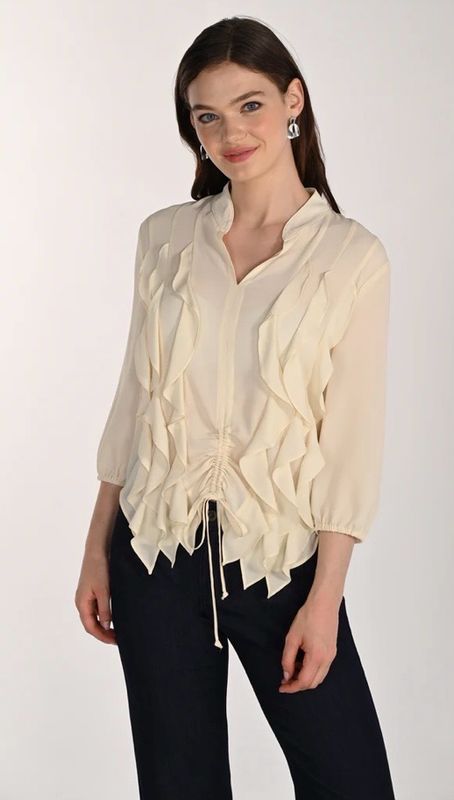 Frank Lyman Frill Blouse With Adjustable Ruching In Custard - 261253 Frank Lyman Frill Blouse With Adjustable Ruching In Custard - 261253