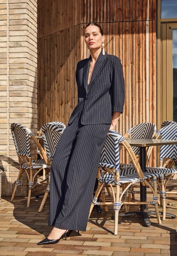 Molly Jo Navy Light Weight Pinstripe Wide Leg Trousers ( Part Of Suit)
