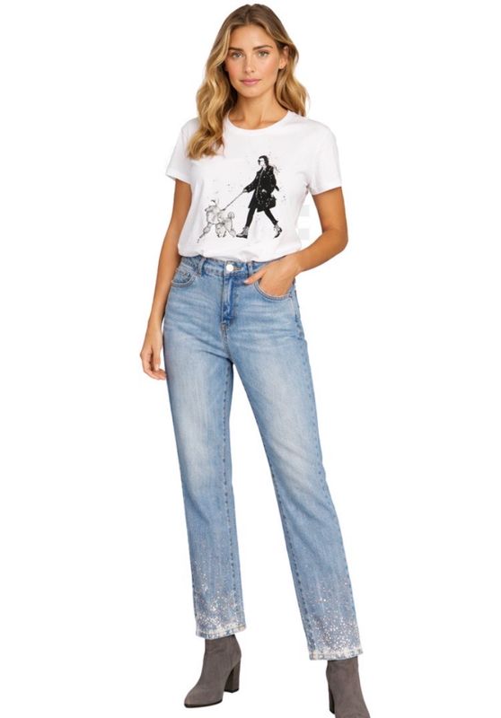 Orly Lightly Diamanté Embellished Cotton T Shirt - Woman Walking Poodle Orly Lightly Diamanté Embellished Cotton T Shirt - Woman Walking Poodle