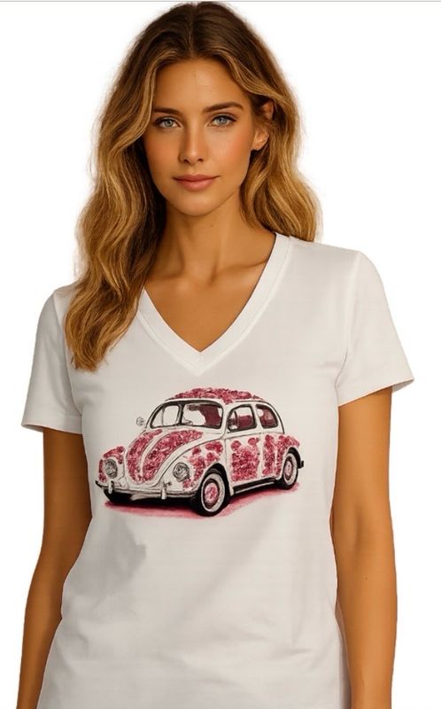 Orly Lightly Diamanté Embellished V Neck T-shirt - Pink Beetle Car Orly Lightly Diamanté Embellished V Neck T-shirt - Pink Beetle Car