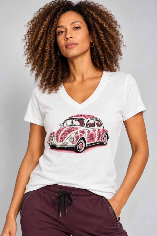 Orly Lightly Diamanté Embellished V Neck T-shirt - Pink Beetle Car Orly Lightly Diamanté Embellished V Neck T-shirt - Pink Beetle Car
