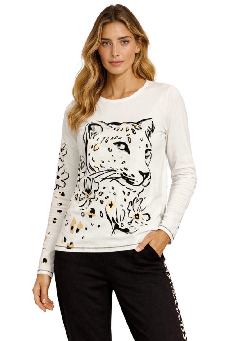 Orly Cotton Long Sleeve T-shirt With a Leopard Face Design And Lightly Embellished With Gold And Light Sequin Orly Cotton Long Sleeve T-shirt With a Leopard Face Design And Lightly Embellished With Gold And Light Sequin