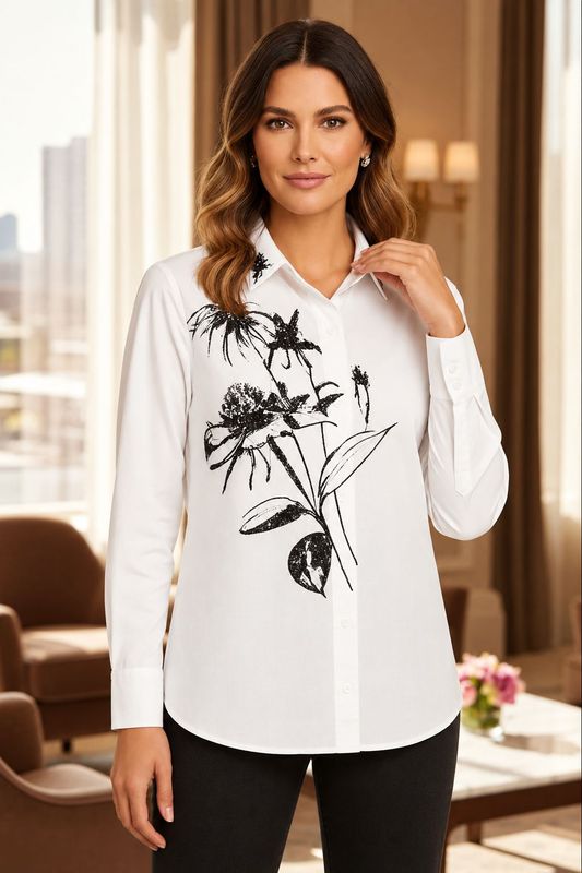 Orly 262291 Elegant White Shirt With Thistle Design In Black And Embellished. Orly 262291 Elegant White Shirt With Thistle Design In Black And Embellished.