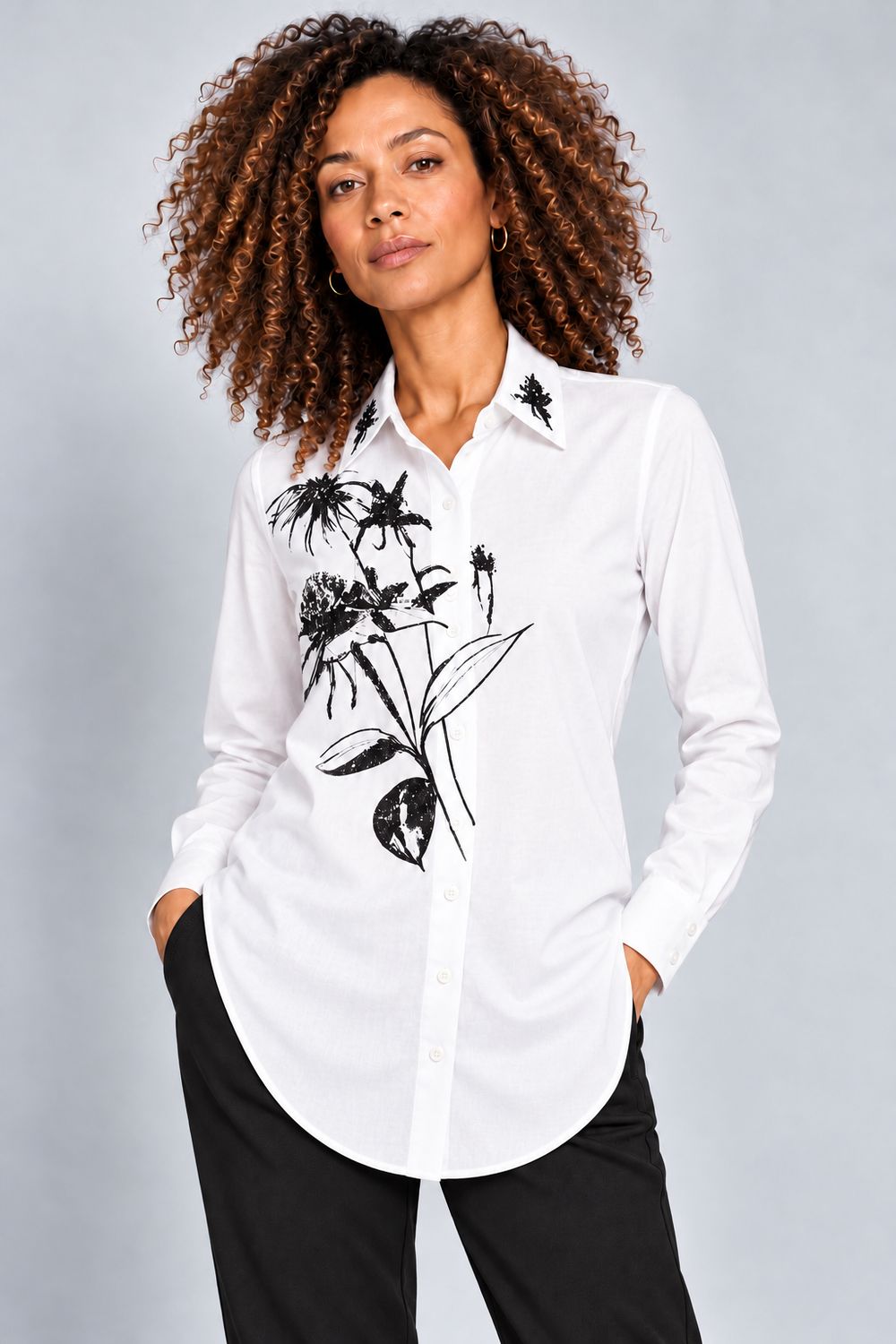 Orly 262291 Elegant White Shirt With Thistle Design In Black And Embellished.