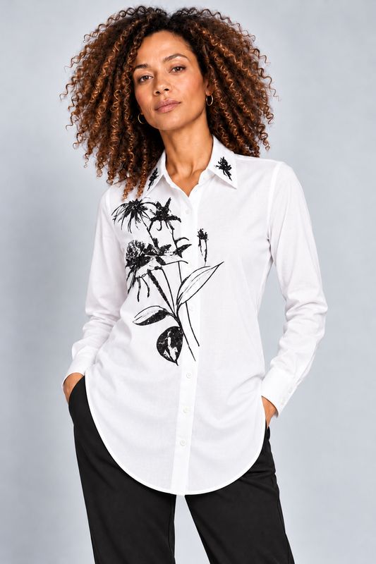 Orly 262291 Elegant White Shirt With Thistle Design In Black And Embellished. Orly 262291 Elegant White Shirt With Thistle Design In Black And Embellished.
