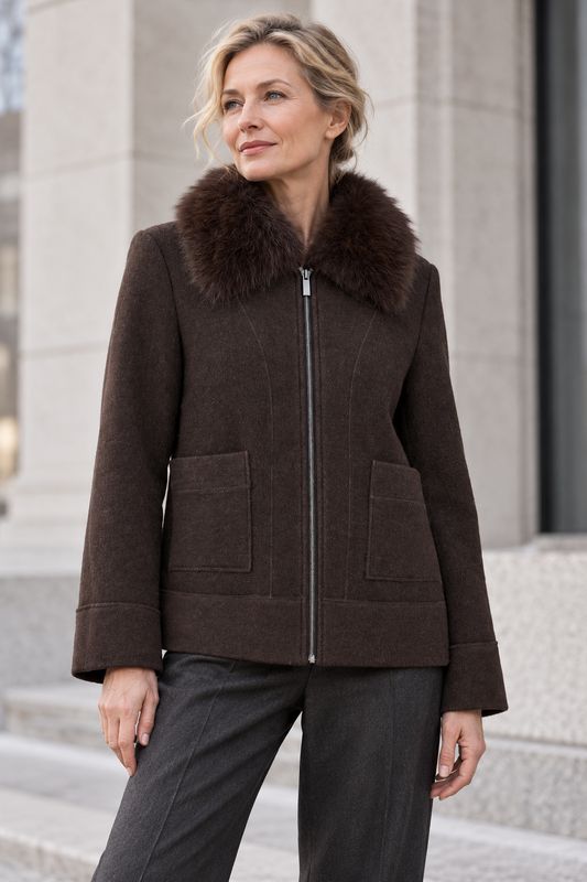 NOEN 87267 Brown Detachable Faux Fur Collar Jacket NOEN 87267 Brown Detachable Faux Fur Collar Jacket