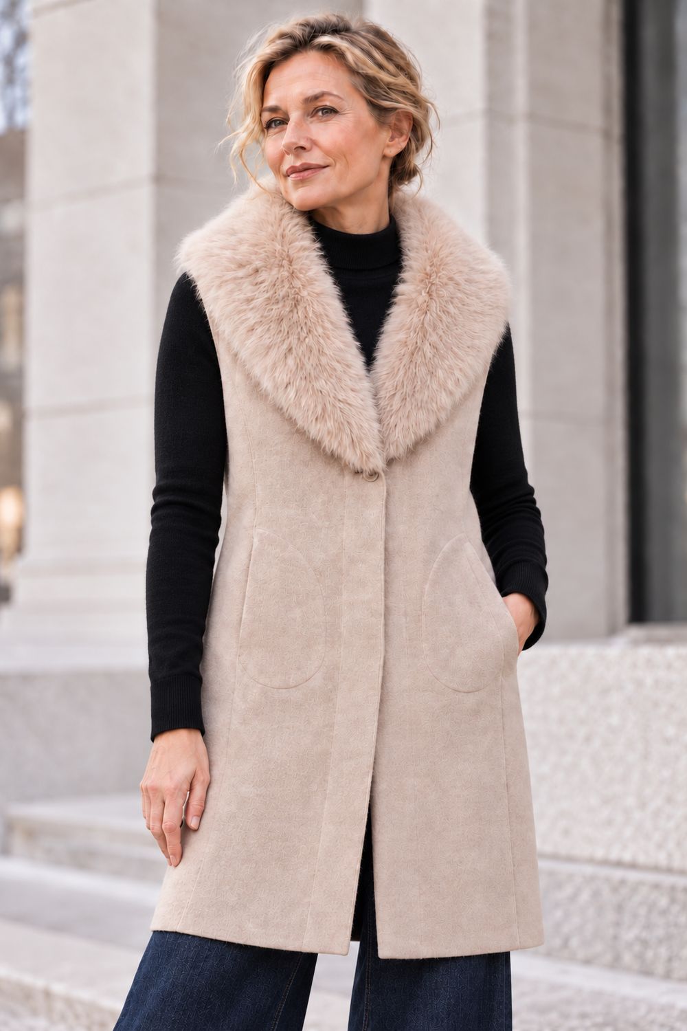 NOEN 89622 Long Gilet In Cream With Faux Fur (detachable) Collar