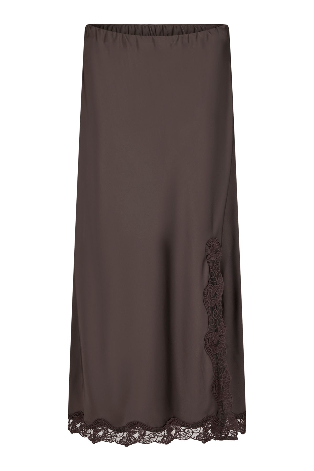 NOEN 85801 Dark Brown Satin And Lace Long Skirt