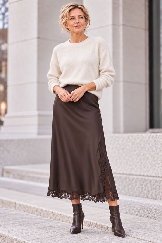 NOEN 85801 Dark Brown Satin And Lace Long Skirt NOEN 85801 Dark Brown Satin And Lace Long Skirt