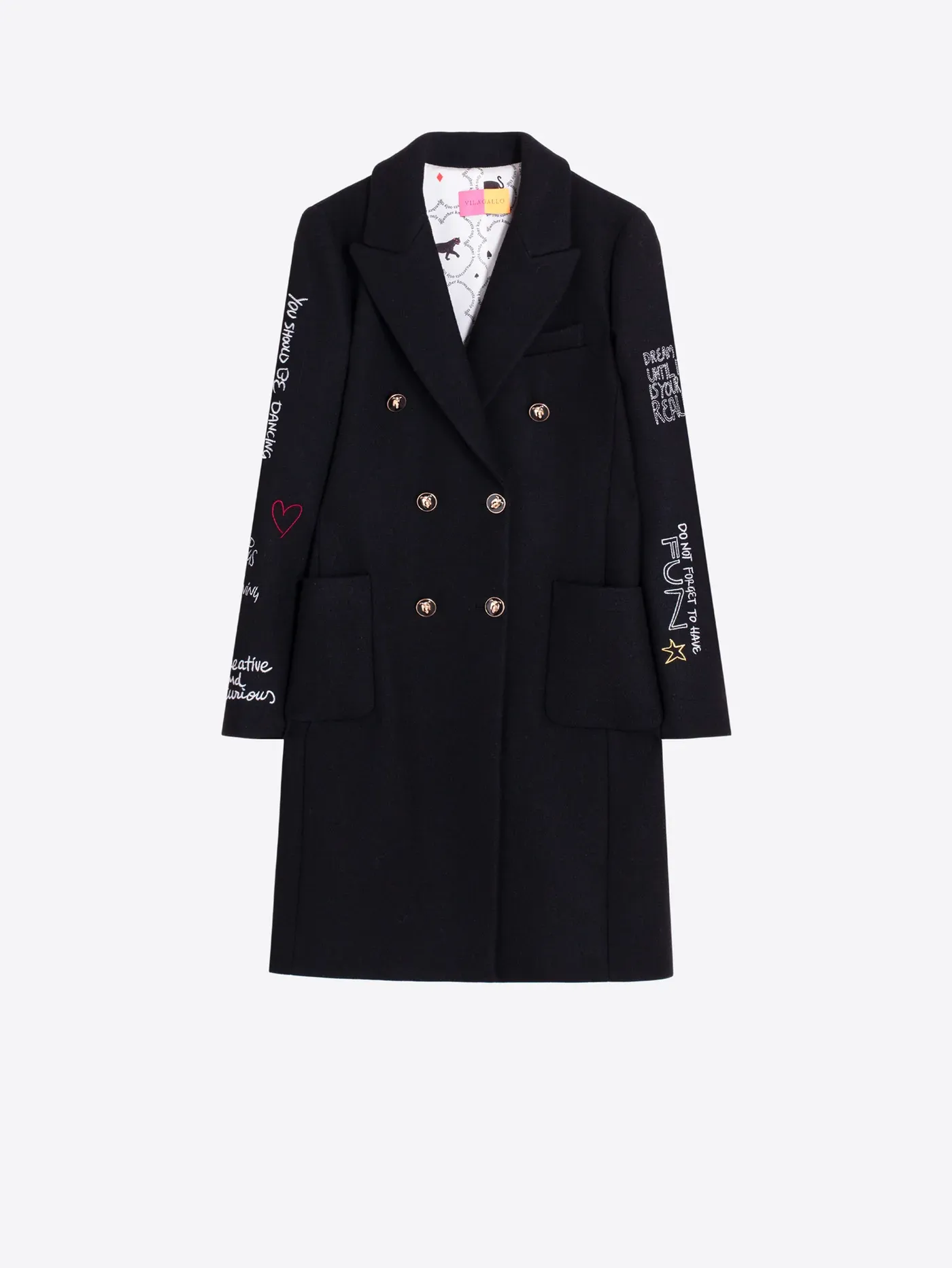 Vilagallo BLACK Wool COAT WITH FERRIS WHEEL PRINT 33935