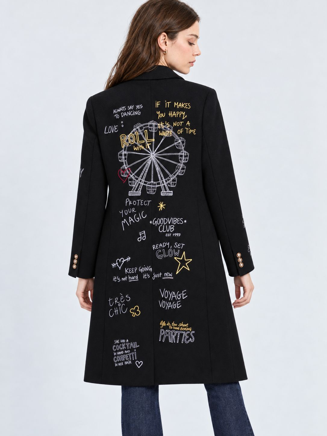 Vilagallo BLACK Wool COAT WITH FERRIS WHEEL PRINT 33935