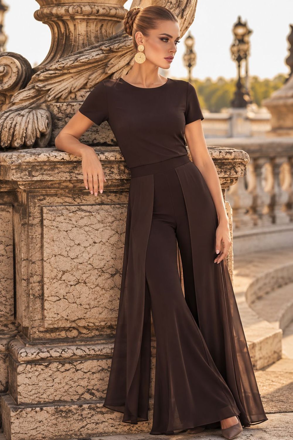 Frank Lyman 198256 Mocha Flowing Wide Leg Trousers Frank Lyman 198256 Mocha Flowing Wide Leg Trousers