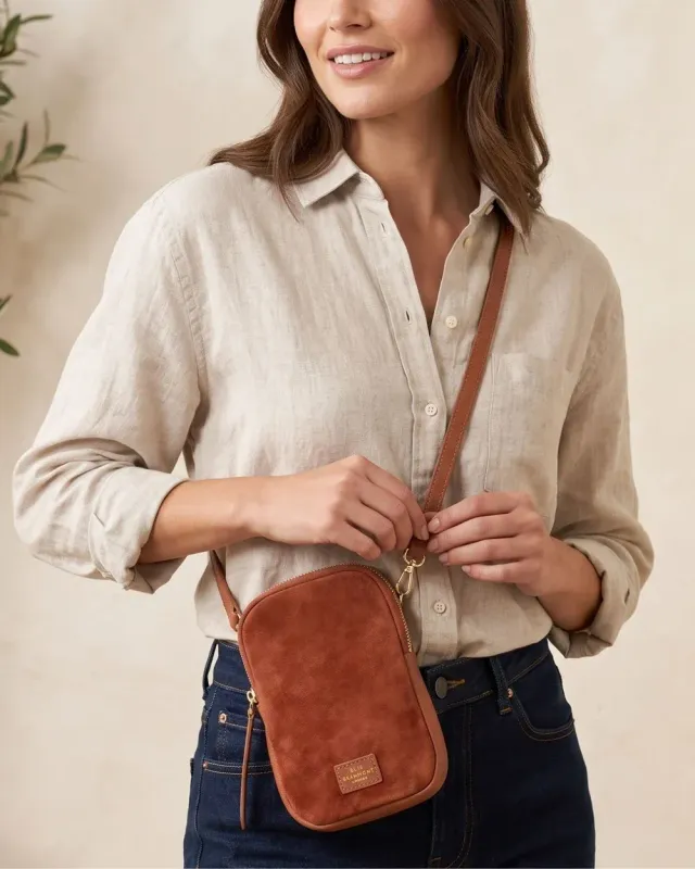 Elie Beaumont Tan Suede Luxury Phone Bag Elie Beaumont Tan Suede Luxury Phone Bag