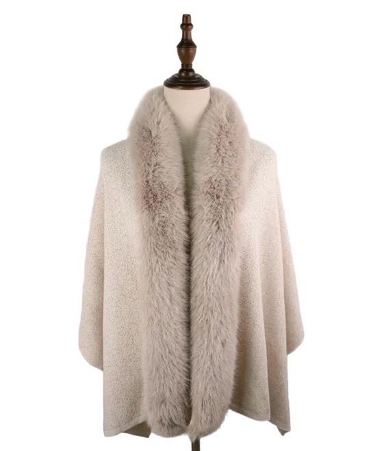 Elie Beaumont Winter Shawl With Faux Fur In Cream Elie Beaumont Winter Shawl With Faux Fur In Cream