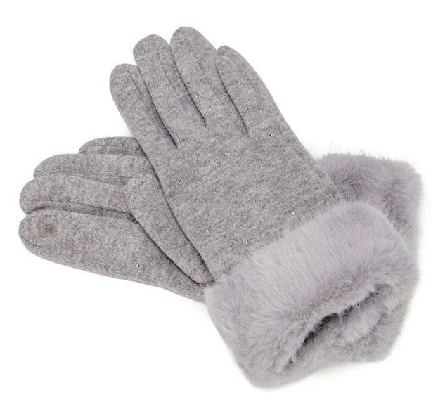 Elie Beaumont Grey Gloves With Faux Fir Cuffs