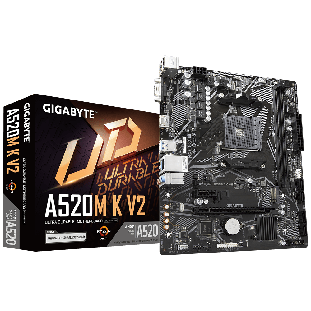 Gigabyte A520M K V2 Motherboard - Supports AMD Ryzen 5000 Series AM4 CPUs, up to 5100MHz DDR4 (OC), PCIe Gen3 x4 M.2, GbE LAN, USB 3.2 Gen 1