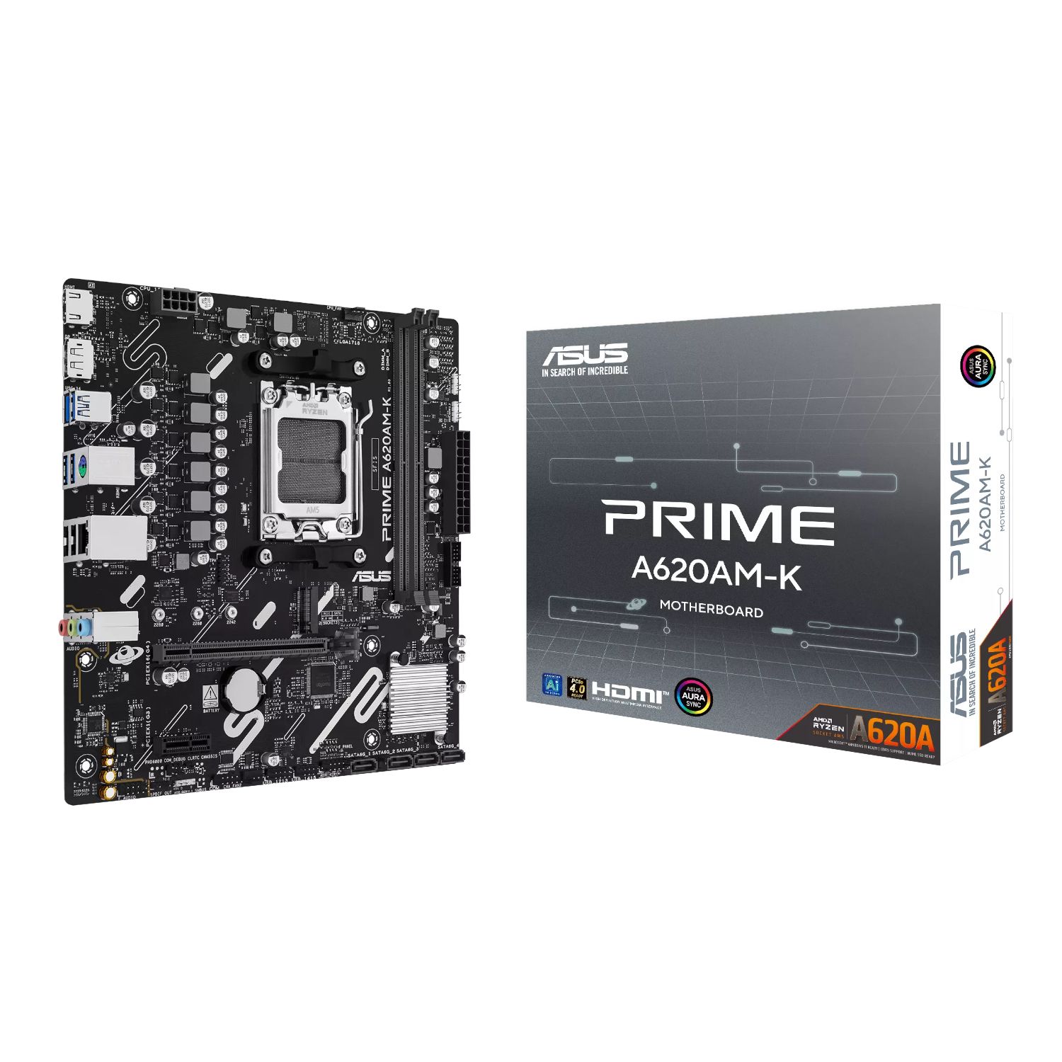 ASUS PRIME A620AM-K, AMD, Socket AM5, AMD Ryzen 7000 Series, AMD Ryzen 8000 Series, AMD Ryzen 9000 Series, Socket AM5, DDR5-SDRAM, 128 GB