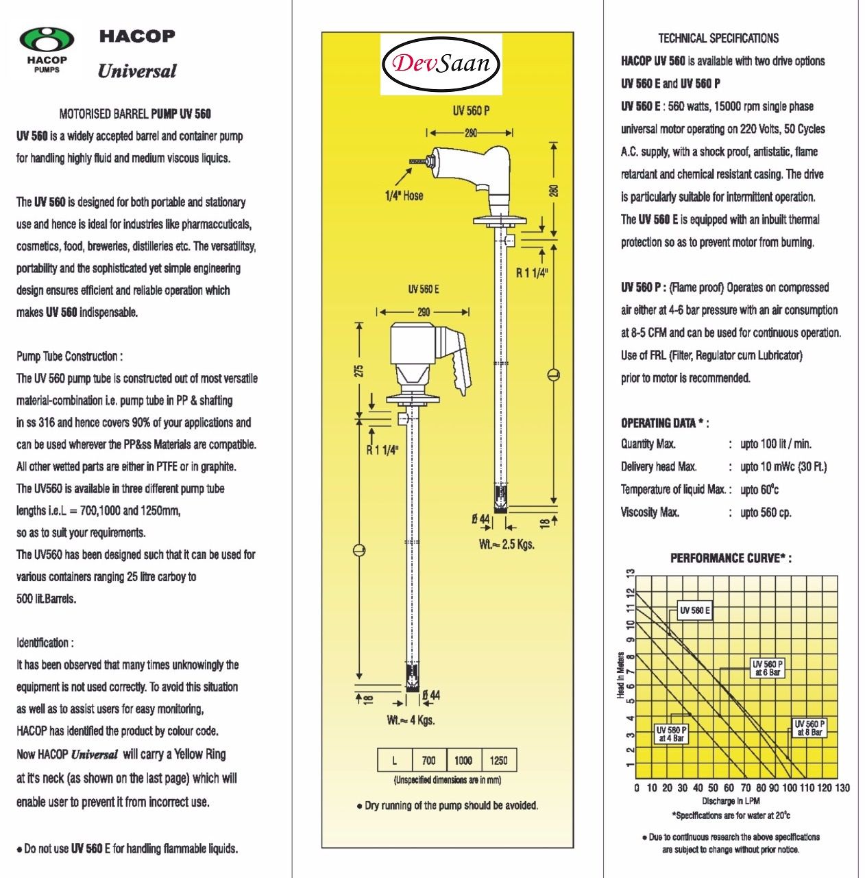 Drum Pump Polypropylene UV 560 E Pompa Drum 100 Cm