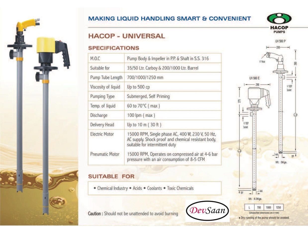 Drum Pump Polypropylene UV 560 E Pompa Drum 100 Cm
