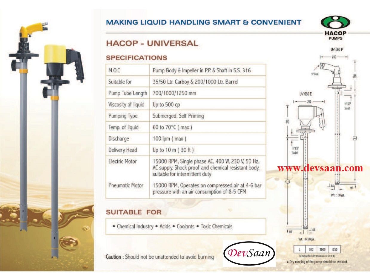 Drum Pump Polypropylene UV 560 E Pompa Drum 125 Cm