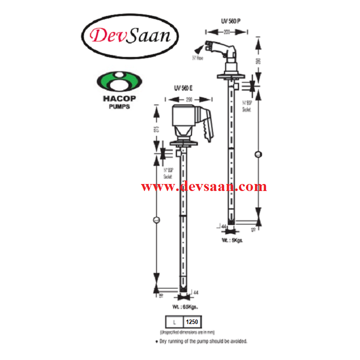 Drum Pump Polypropylene UV 560 E Pompa Drum 125 Cm