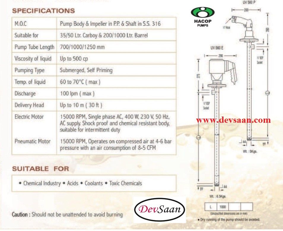 Drum Pump Polypropylene UV 560 P Pompa Drum Pneumatik