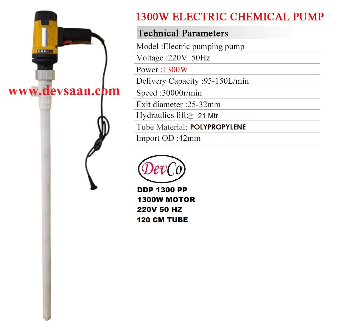 Drum Pump Polypropylene DDP 1300 PP Pompa Drum 120 Cm