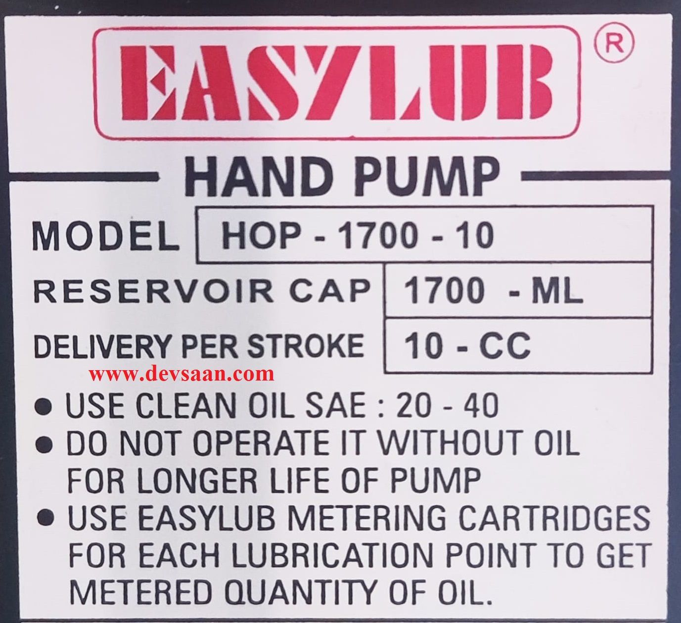 Lubrication Oil Pump HOP-1700-10 Pompa Oli Manual