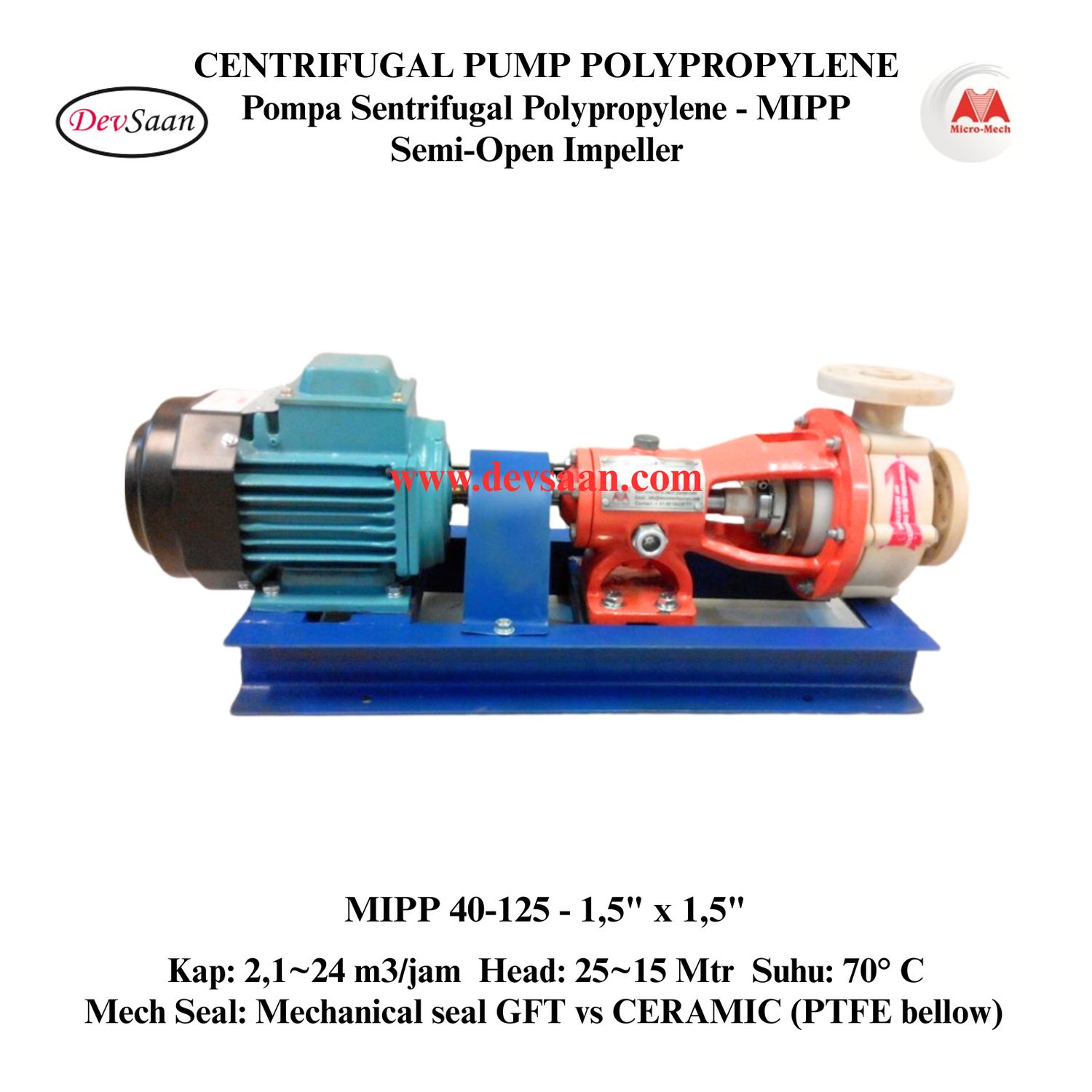 Centrifugal Pump Polypropylene MIPP 40-125 Pompa Sentrifugal Komplit Set 2pole