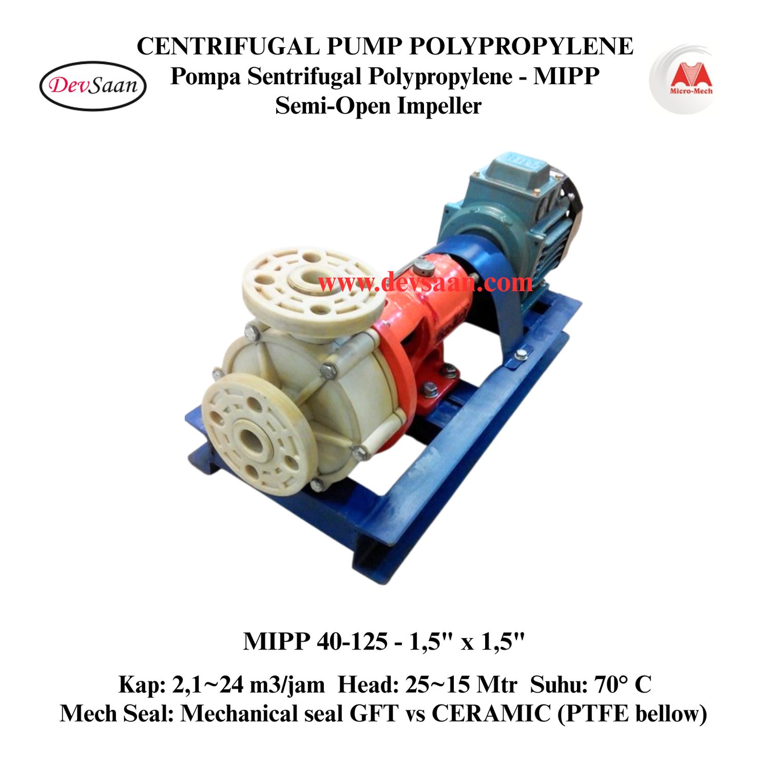 Centrifugal Pump Polypropylene MIPP 40-125 Pompa Sentrifugal Komplit Set 2pole
