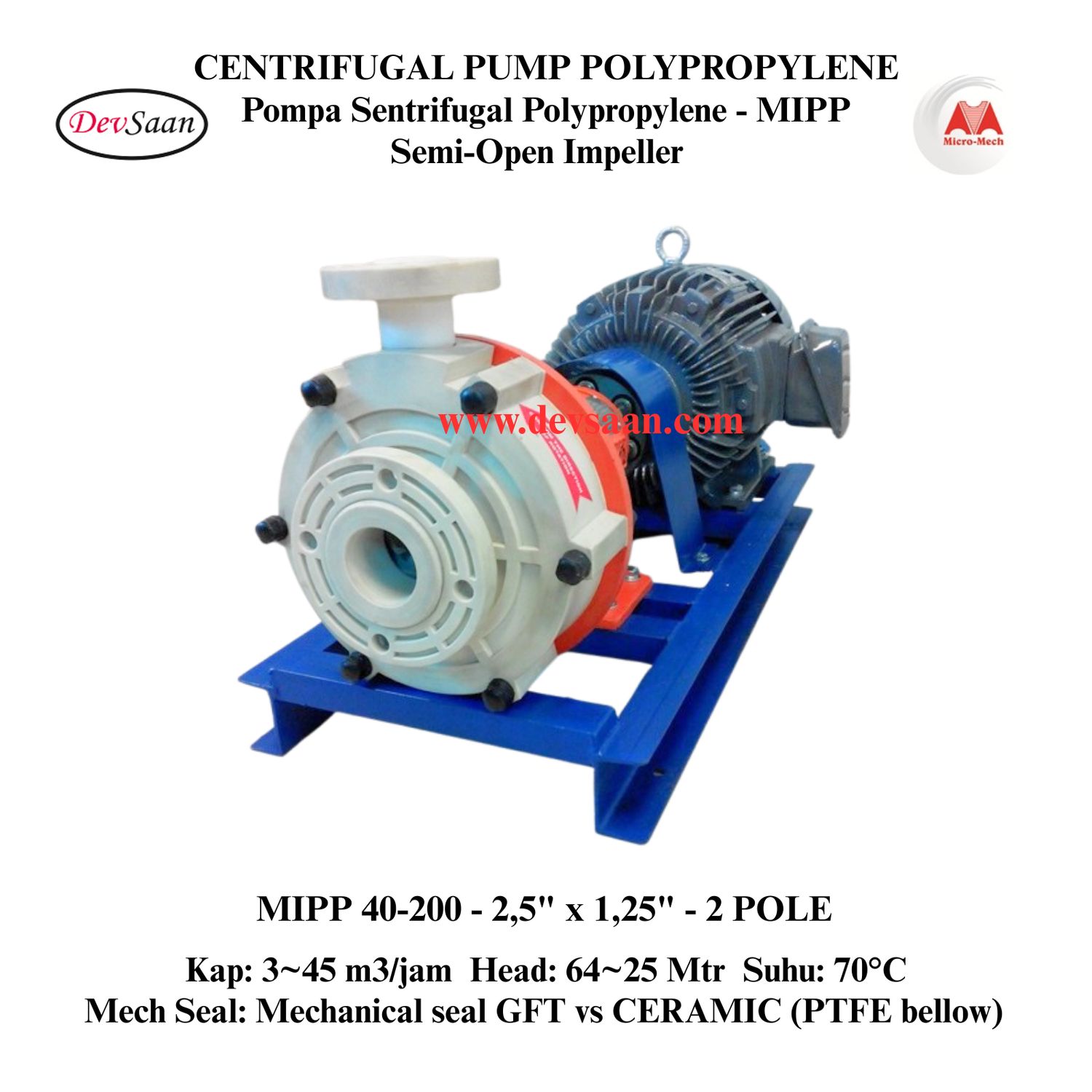 Centrifugal Pump Polypropylene MIPP 40-200 Pompa Sentrifugal Komplit Set 2pole