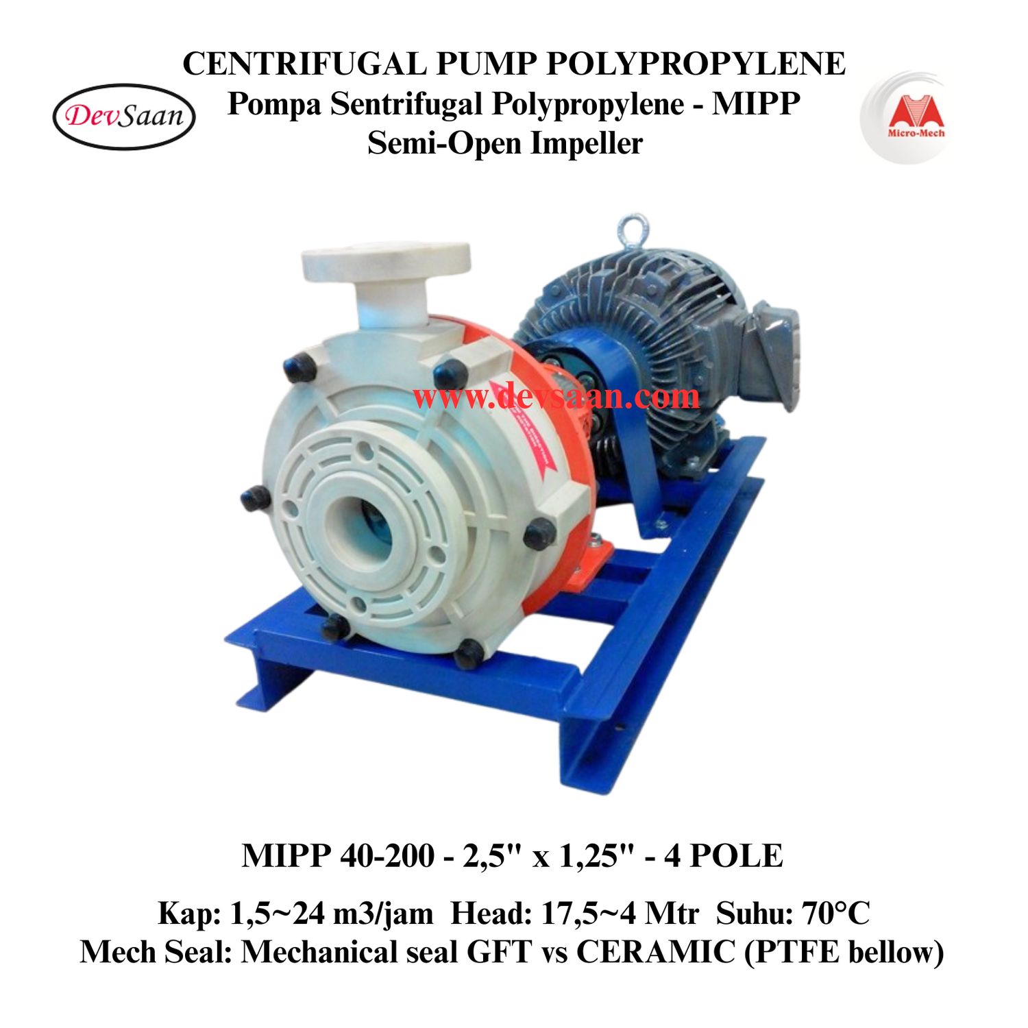 Centrifugal Pump Polypropylene MIPP 40-200 Pompa Sentrifugal Komplit Set 4pole